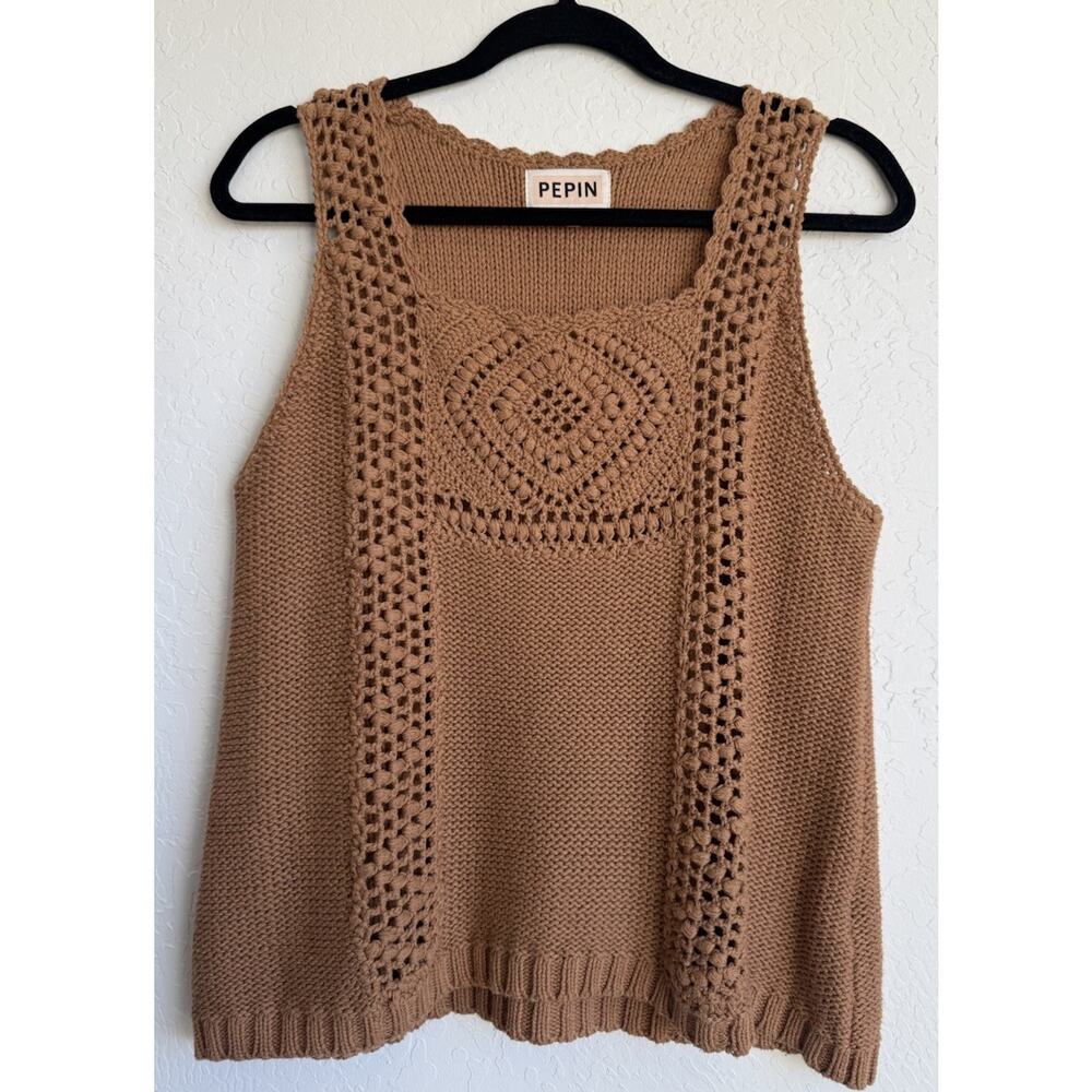 Pepin Anthropologie Women’s Crochet Knit Sweater Tank Brown Boho Size L